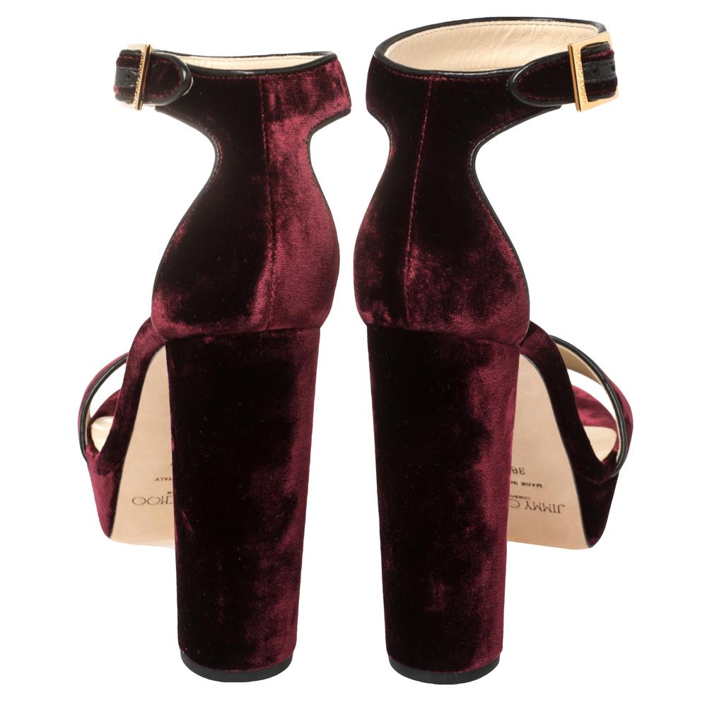 Jimmy Choo Burgundy Velvet Ankle Strap Platform Sandals Size 38.5 In New Condition In Dubai, Al Qouz 2