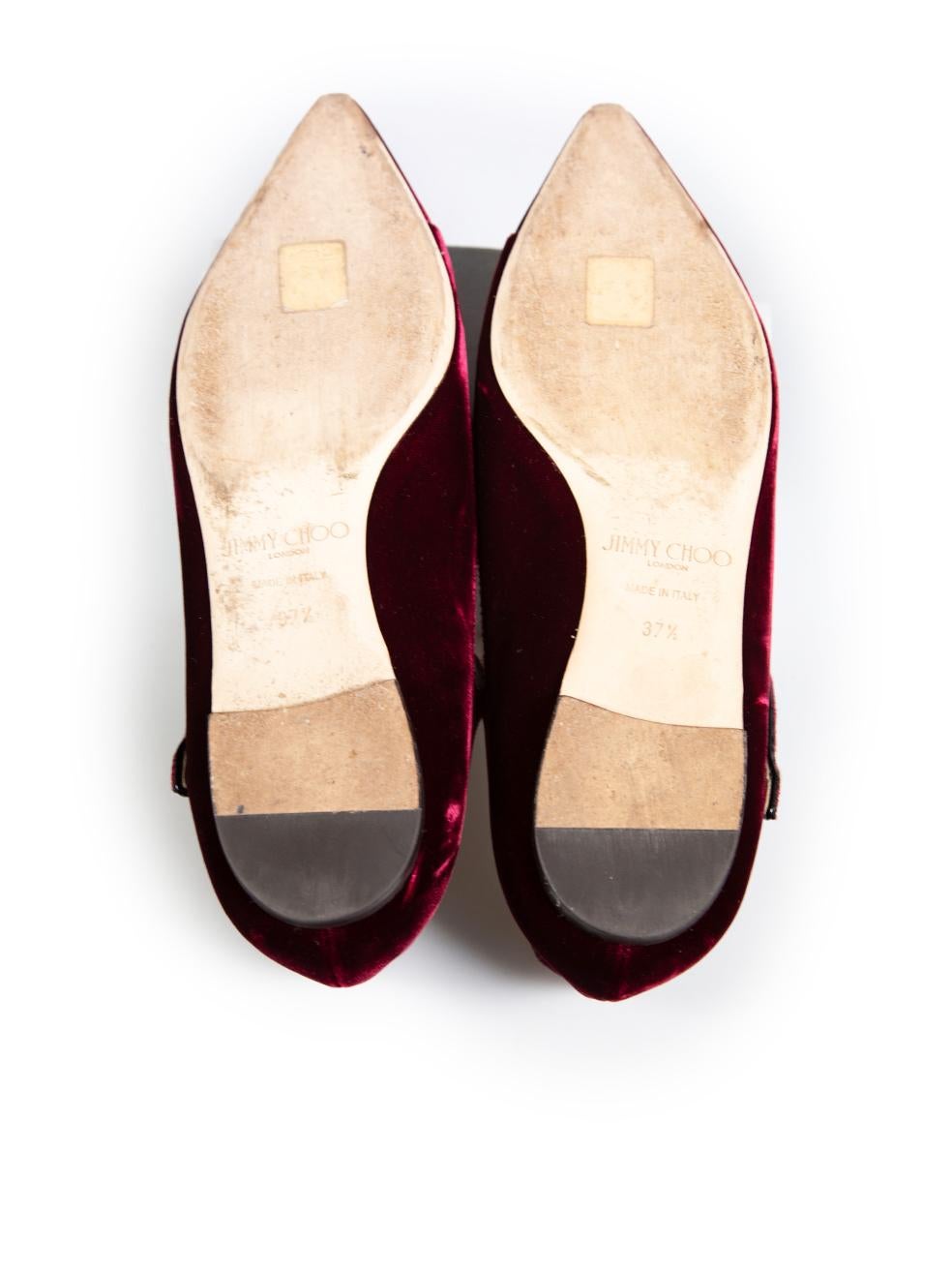 Jimmy Choo Burgundy Velvet Layton Mary Jane Flats Size IT 37.5 In Good Condition In London, GB