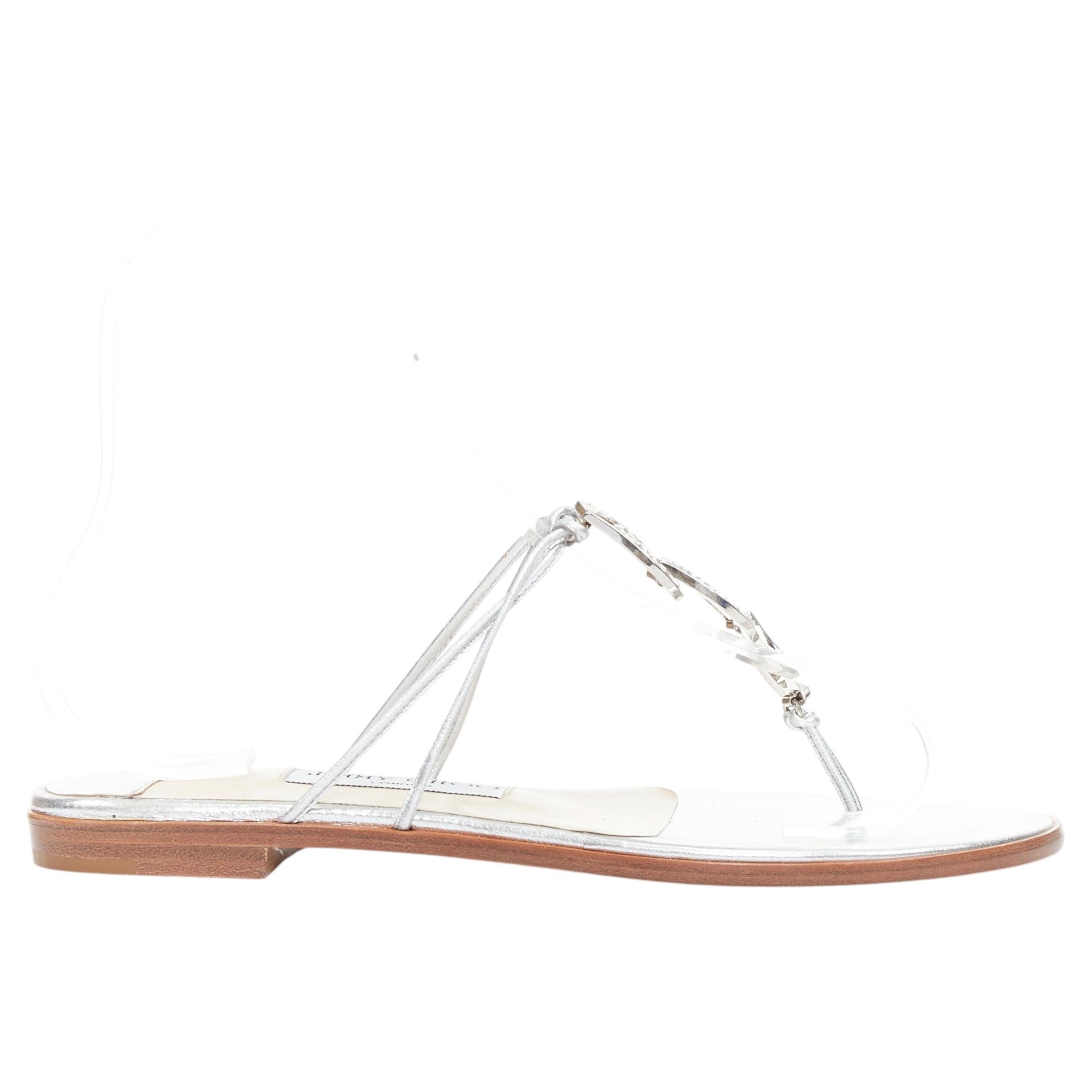 Sandali Jimmy Choo Cache in nappa argentata con cinturino decorato con strass gialli, taglia 36,5