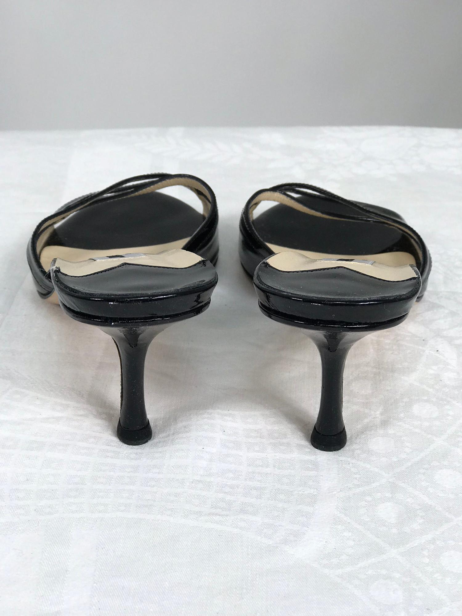 Jimmy Choo Calais.1 Black Patent  High Heel Mules 37 In Excellent Condition In West Palm Beach, FL