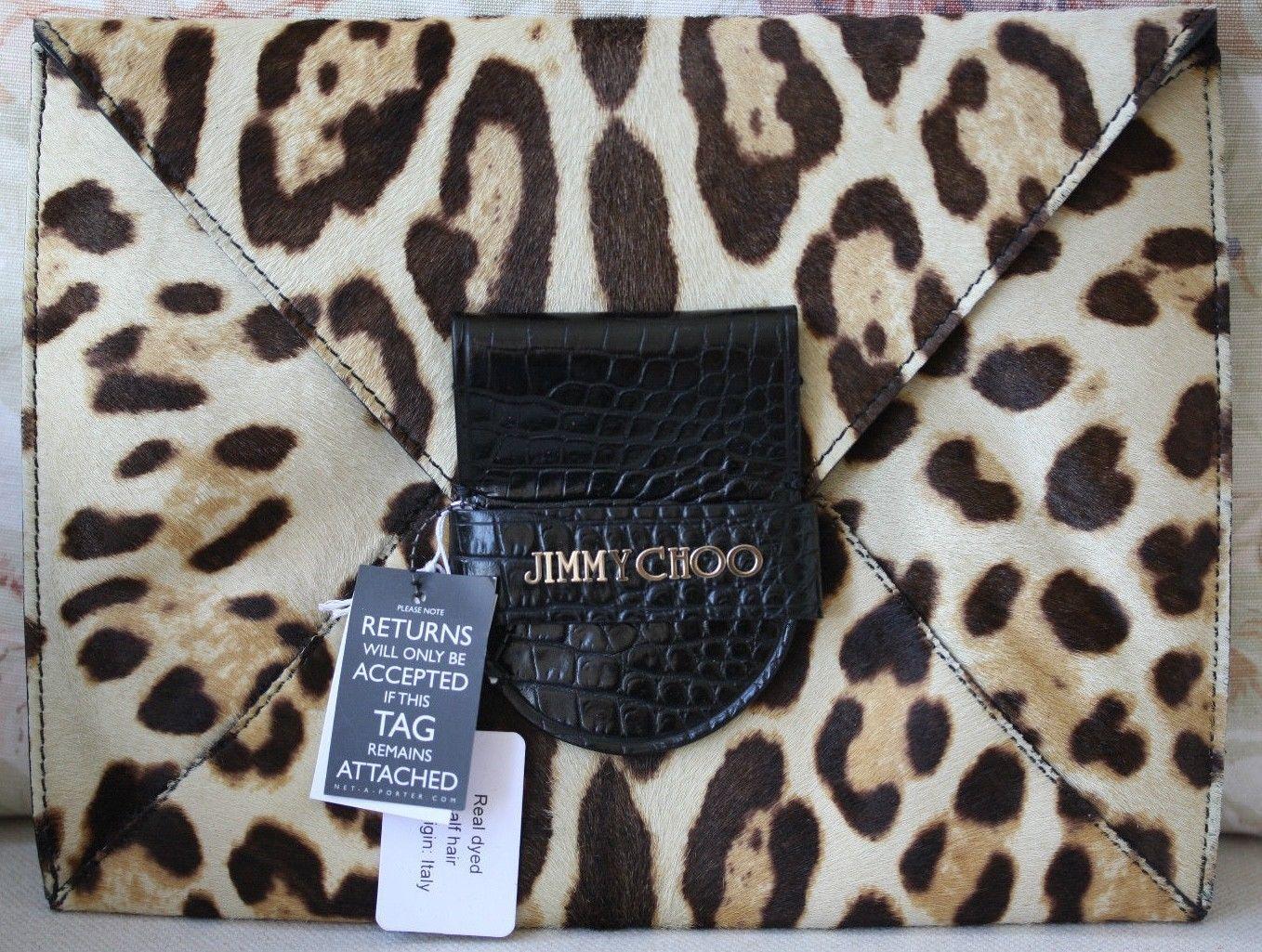 A statement clutch can elevate an outfit to another level and Jimmy Choo's leopard-print calf hair and crocodile-effect leather envelope style is the perfect example. Tan and dark-brown leopard-print calf hair. Envelope style. Black crocodile-effect