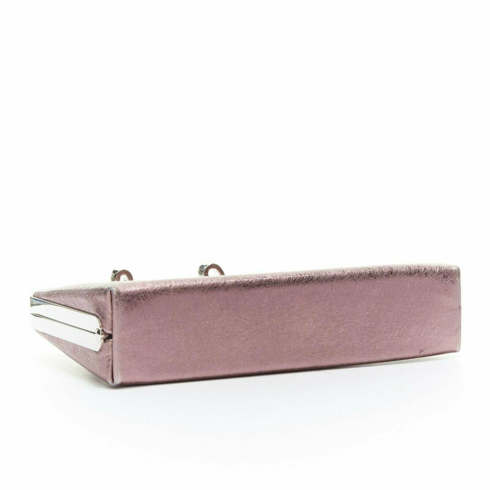 JIMMY CHOO Celeste pink metallic lame rhinestones logo silver chain frame clutch In Good Condition In Hong Kong, NT