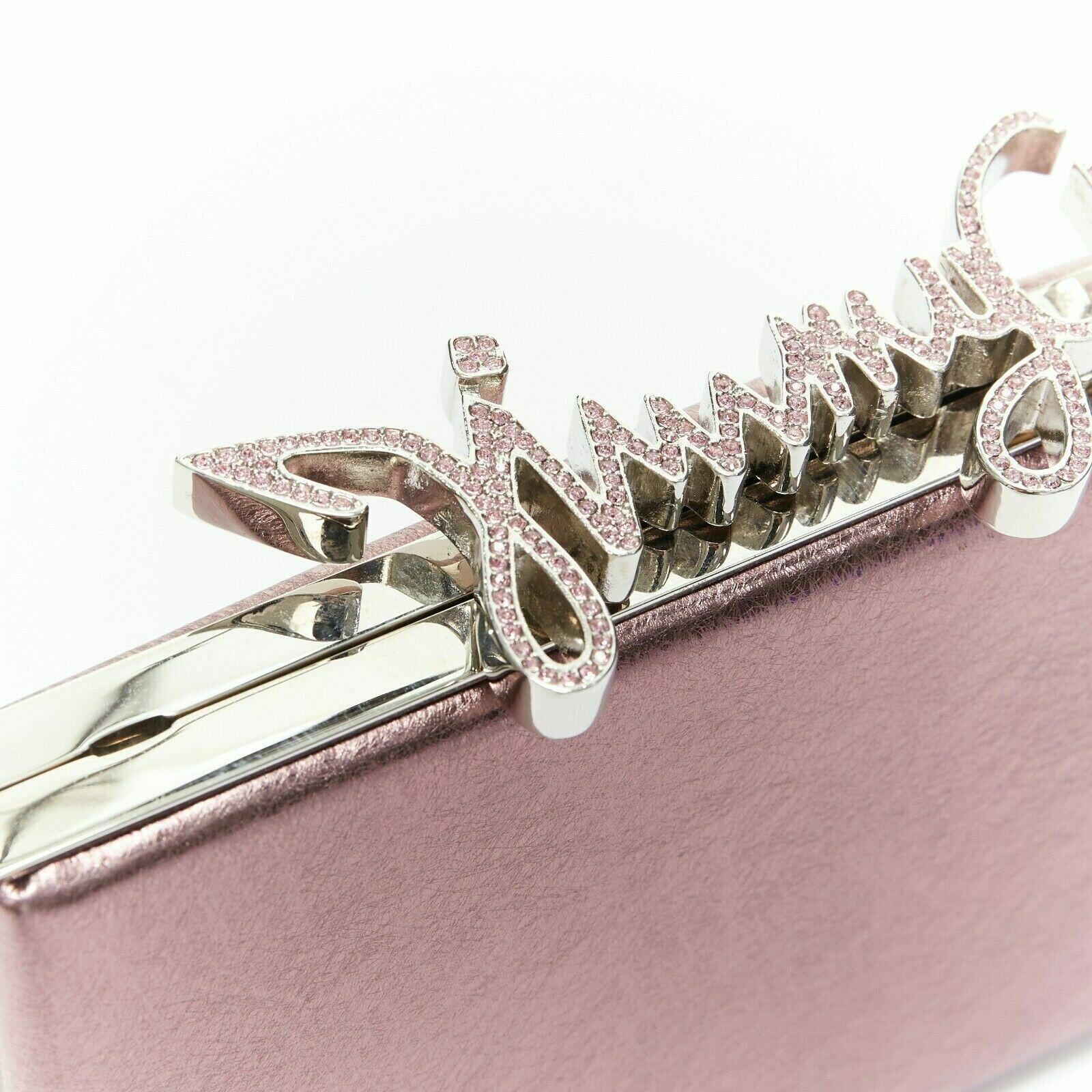 Women's JIMMY CHOO Celeste pink metallic lame rhinestones logo silver chain frame clutch