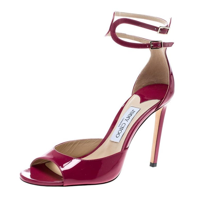 Jimmy Choo Cerise Pink Patent Leather Lane Ankle Strap Peep Toe Sandals ...