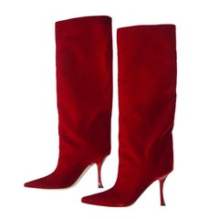 Jimmy Choo Chad 90 Pointed Toe Red Velvet Knee High Boots 41