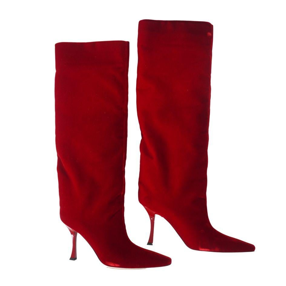 Rouge Jimmy Choo chad 90 Bottes hauteur genou en velours rouge à bout pointu 41 en vente