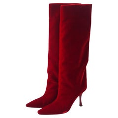 Jimmy Choo Chad 90 Pointed Toe Red Velvet Knee High Boots 41