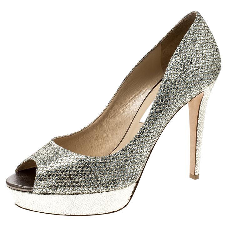 Jimmy Choo Champagne Lamè Glitter Fabric Dahlia Platform Peep Toe Pumps
