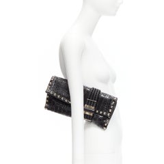 JIMMY CHOO Chandra black croc embossed silver studs woven magnet clutch bag