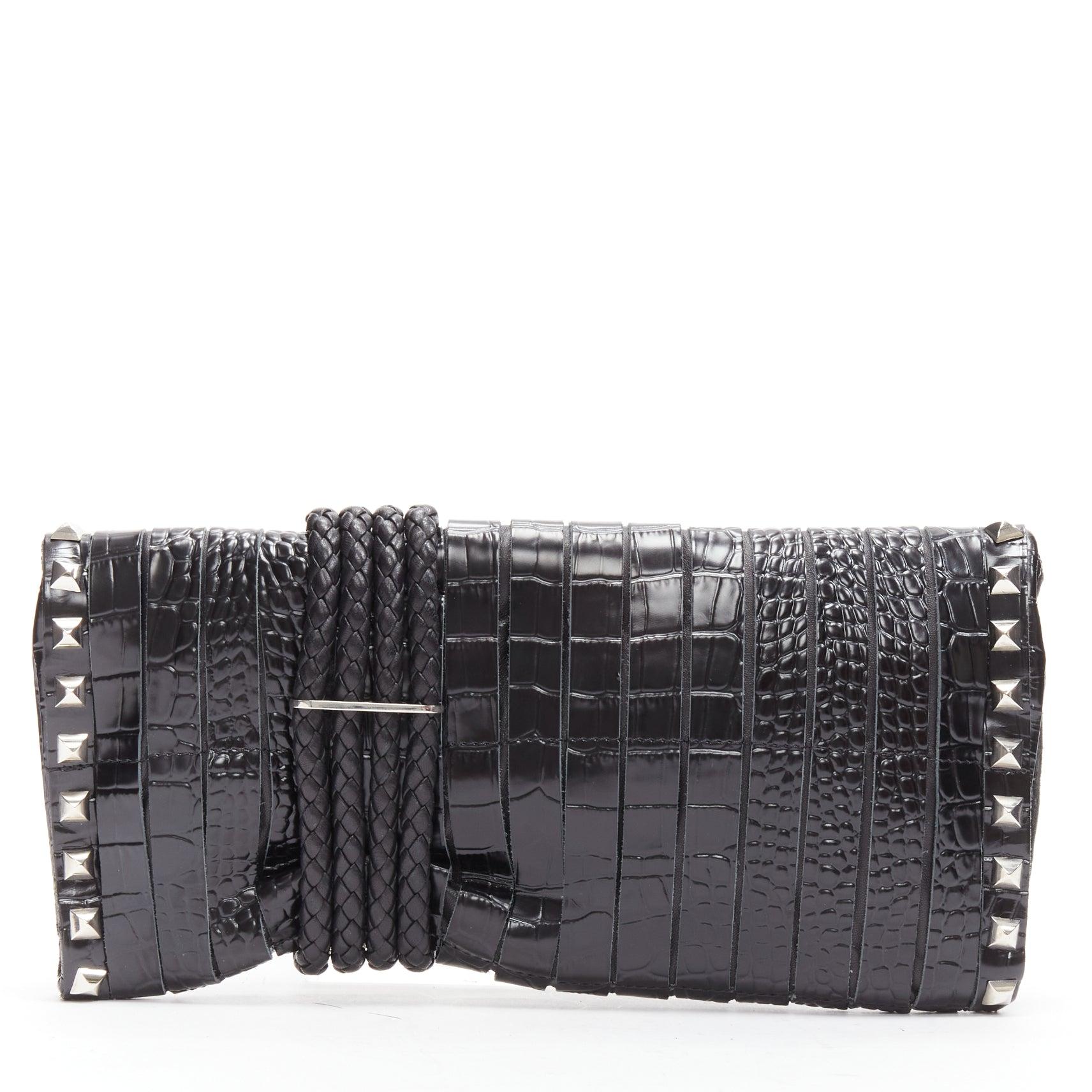 Black JIMMY CHOO Chandra black croc embossed silver studs woven magnet clutch bag For Sale