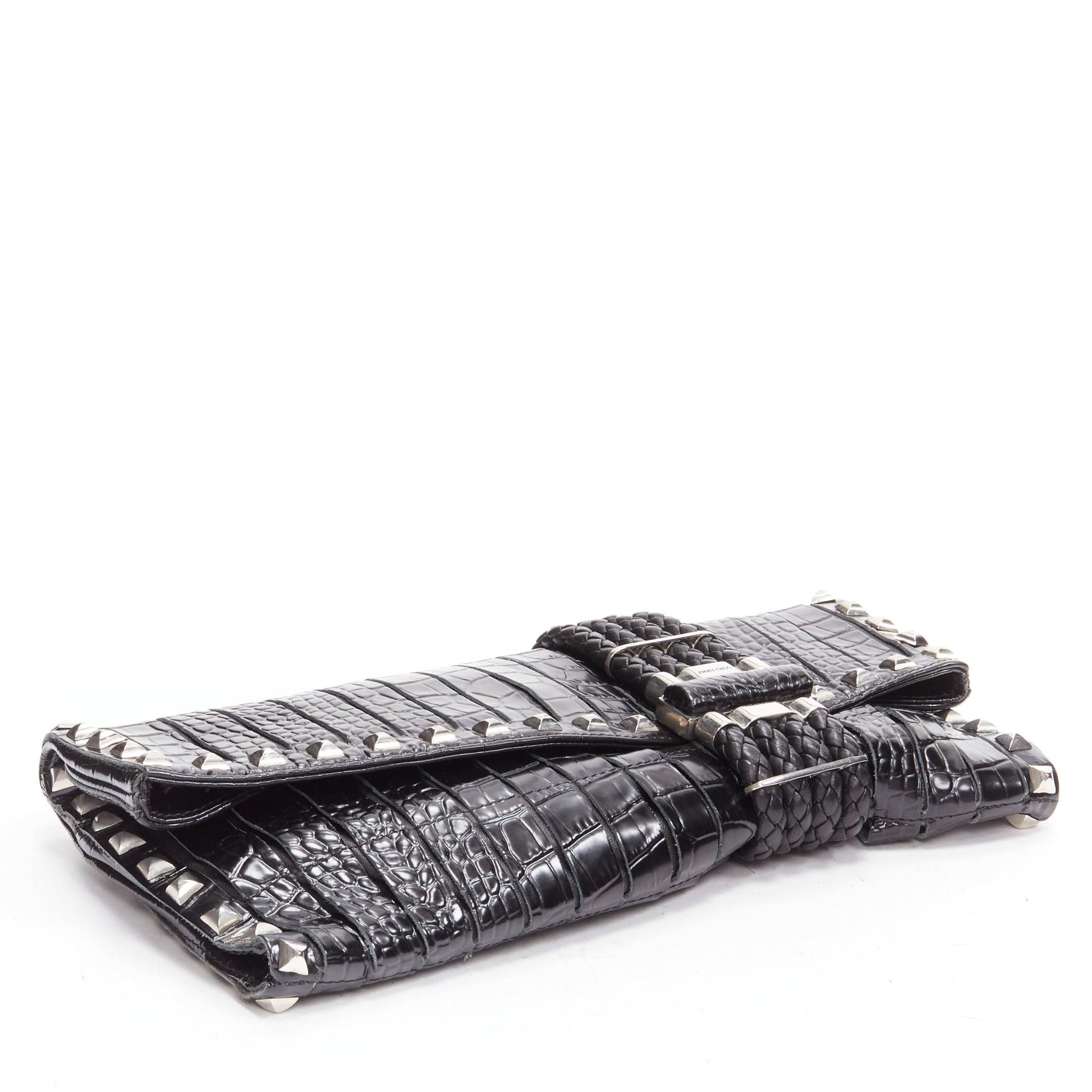 JIMMY CHOO Chandra black croc embossed silver studs woven magnet clutch bag In Good Condition For Sale In Hong Kong, NT