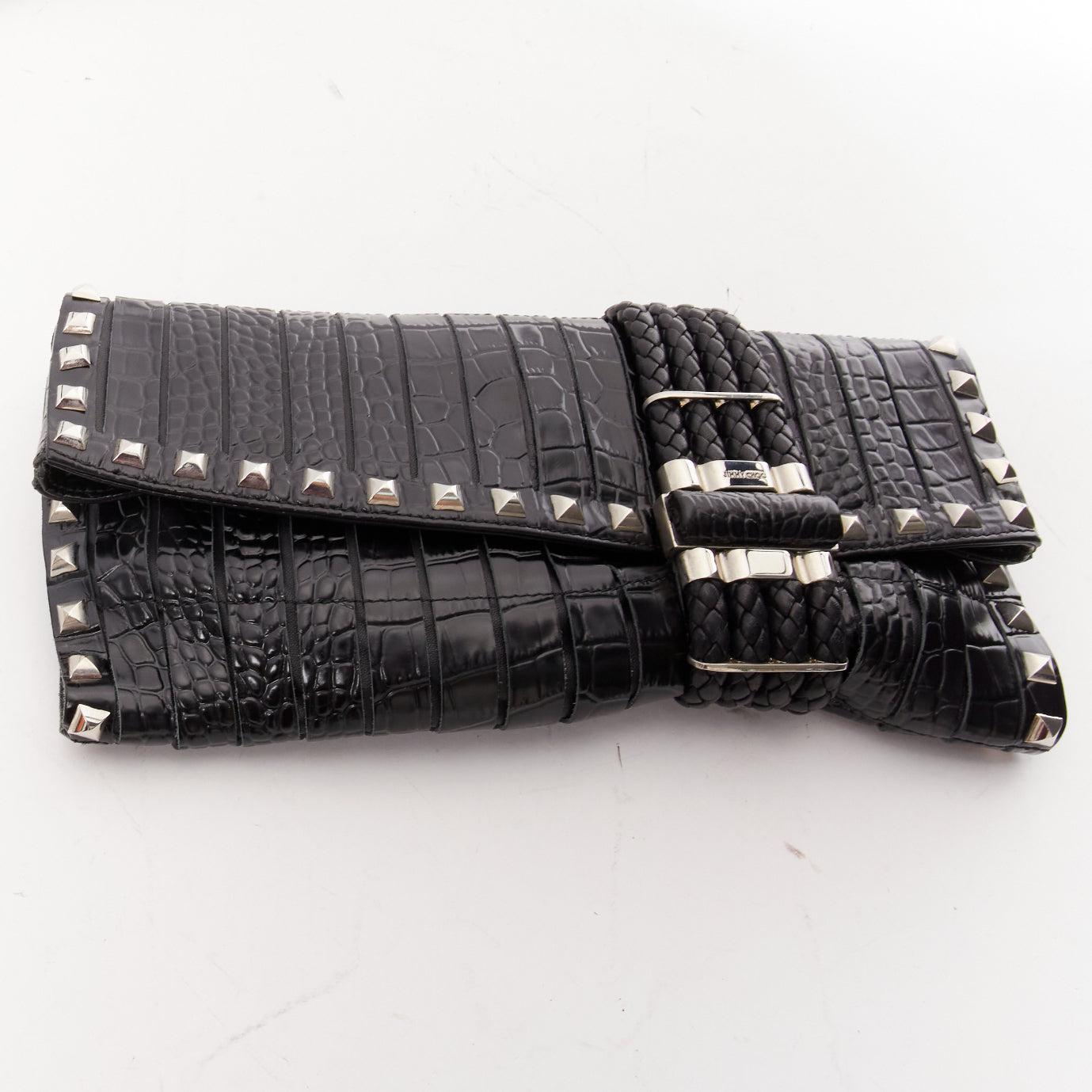 Women's JIMMY CHOO Chandra black croc embossed silver studs woven magnet clutch bag For Sale