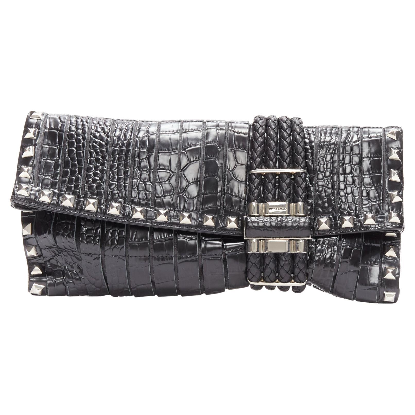 JIMMY CHOO Chandra black croc embossed silver studs woven magnet clutch bag For Sale
