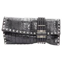 JIMMY CHOO Chandra black croc embossed silver studs woven magnet clutch bag