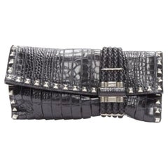 JIMMY CHOO Chandra black croc embossed studs woven magnet clasp clutch bag