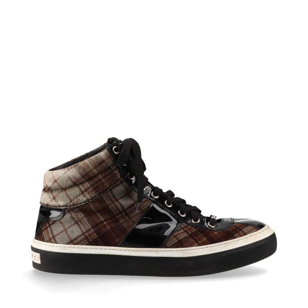 Women's or Men's Jimmy Choo Check Fabric High-top Sneakers  Black × Brown For Sale