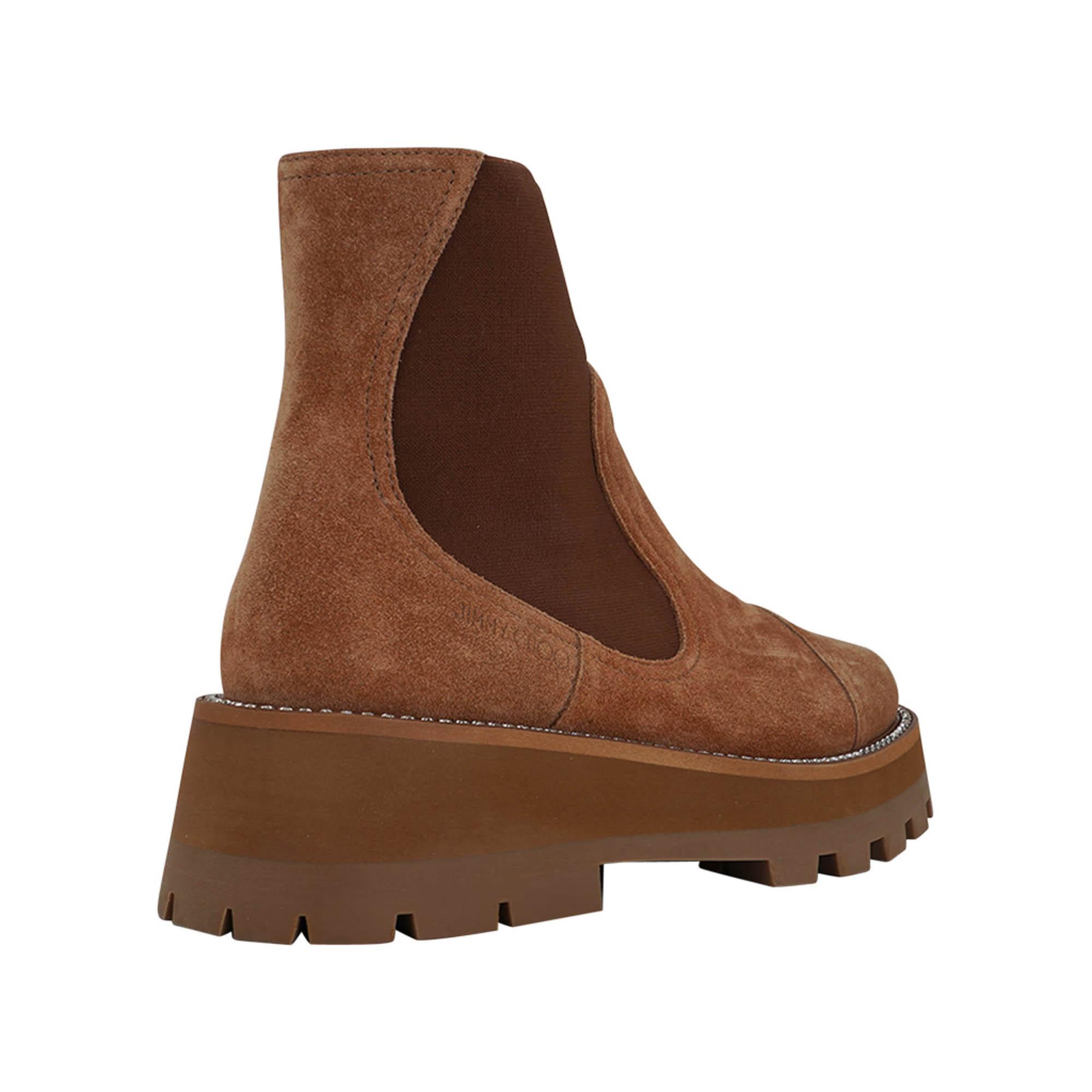 Brown Jimmy Choo Chelsea Ankle Boot Clayton Flat Crystal Embellished Caramel Suede 38 For Sale