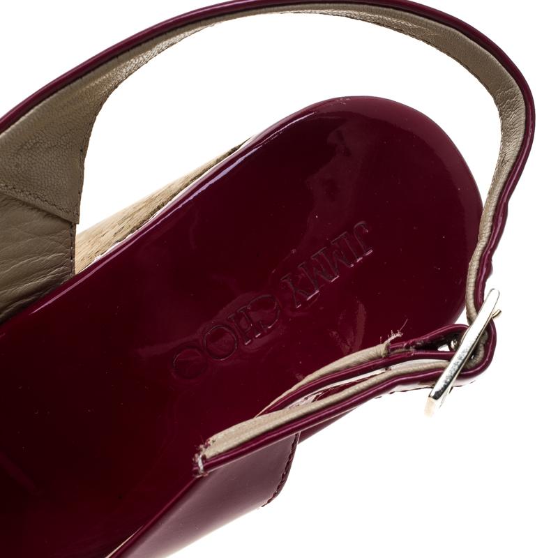 Jimmy Choo Cherry Red Patent Leather Prova Cork Wedge Slingback Sandals Size 40 In Excellent Condition In Dubai, Al Qouz 2