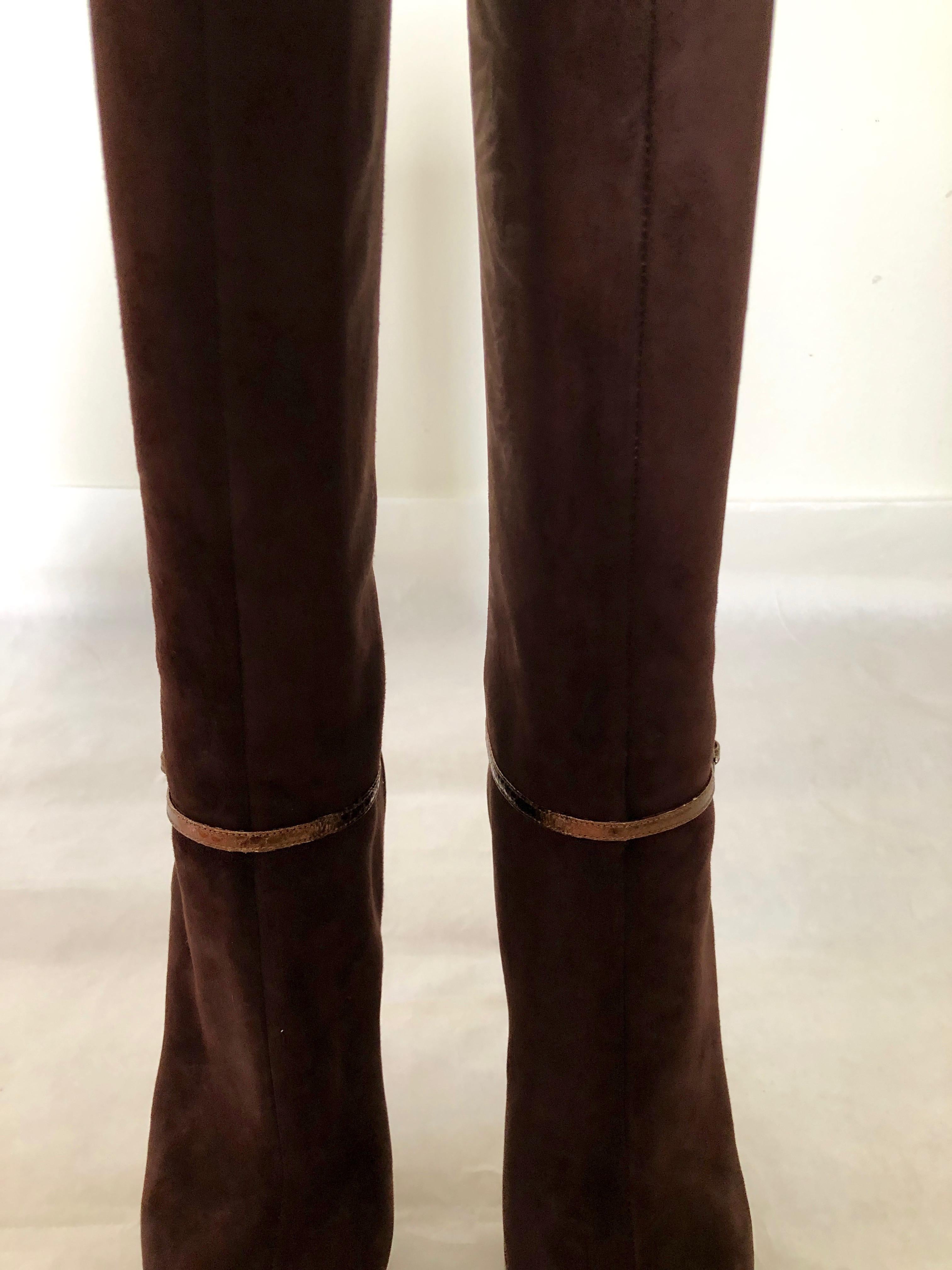 Jimmy Choo Chocolate Brown Suede Back Zip w/ Copper Snake Accents Knee Boots For Sale 2