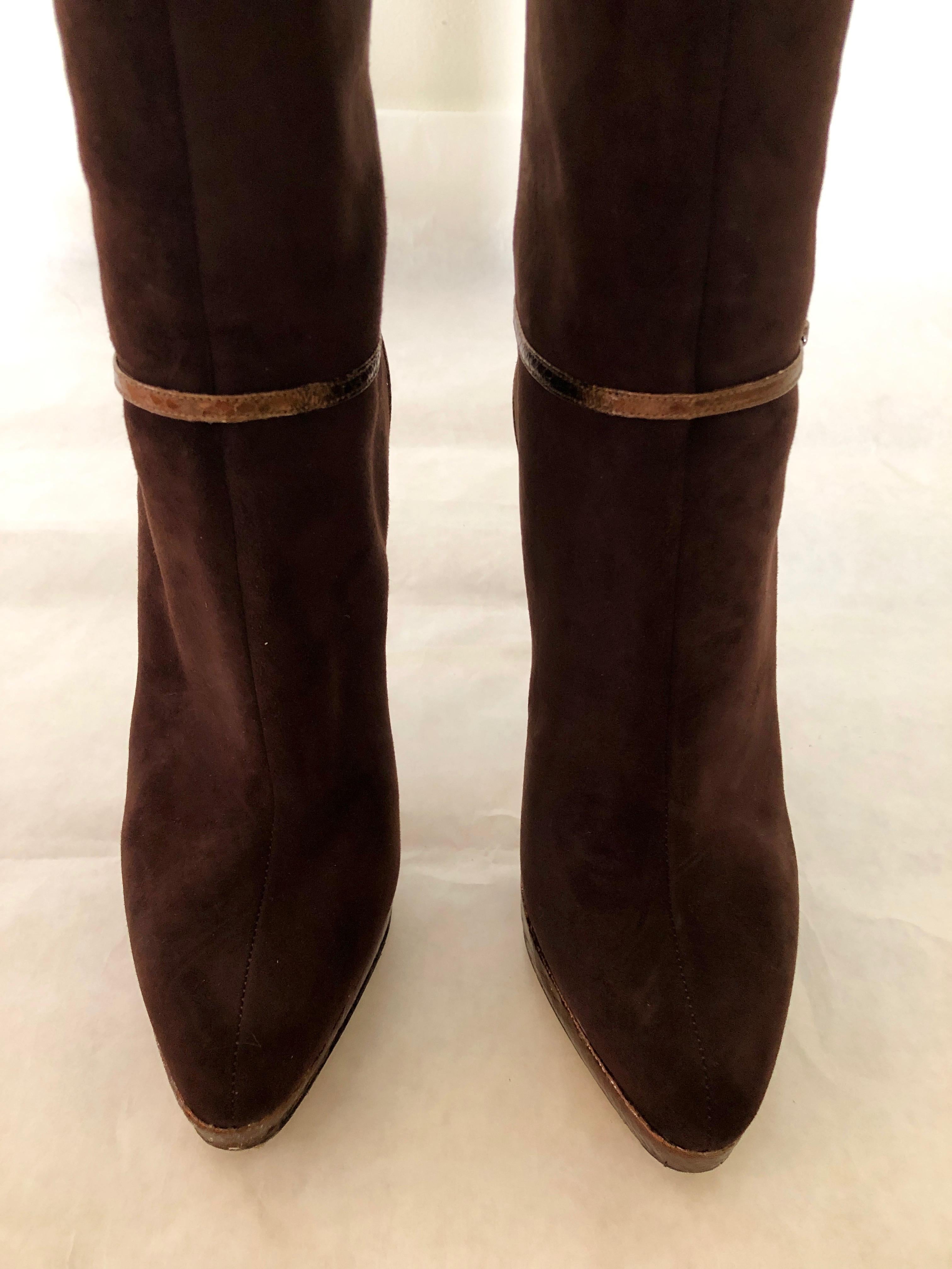 Jimmy Choo Chocolate Brown Suede Back Zip w/ Copper Snake Accents Knee Boots For Sale 3