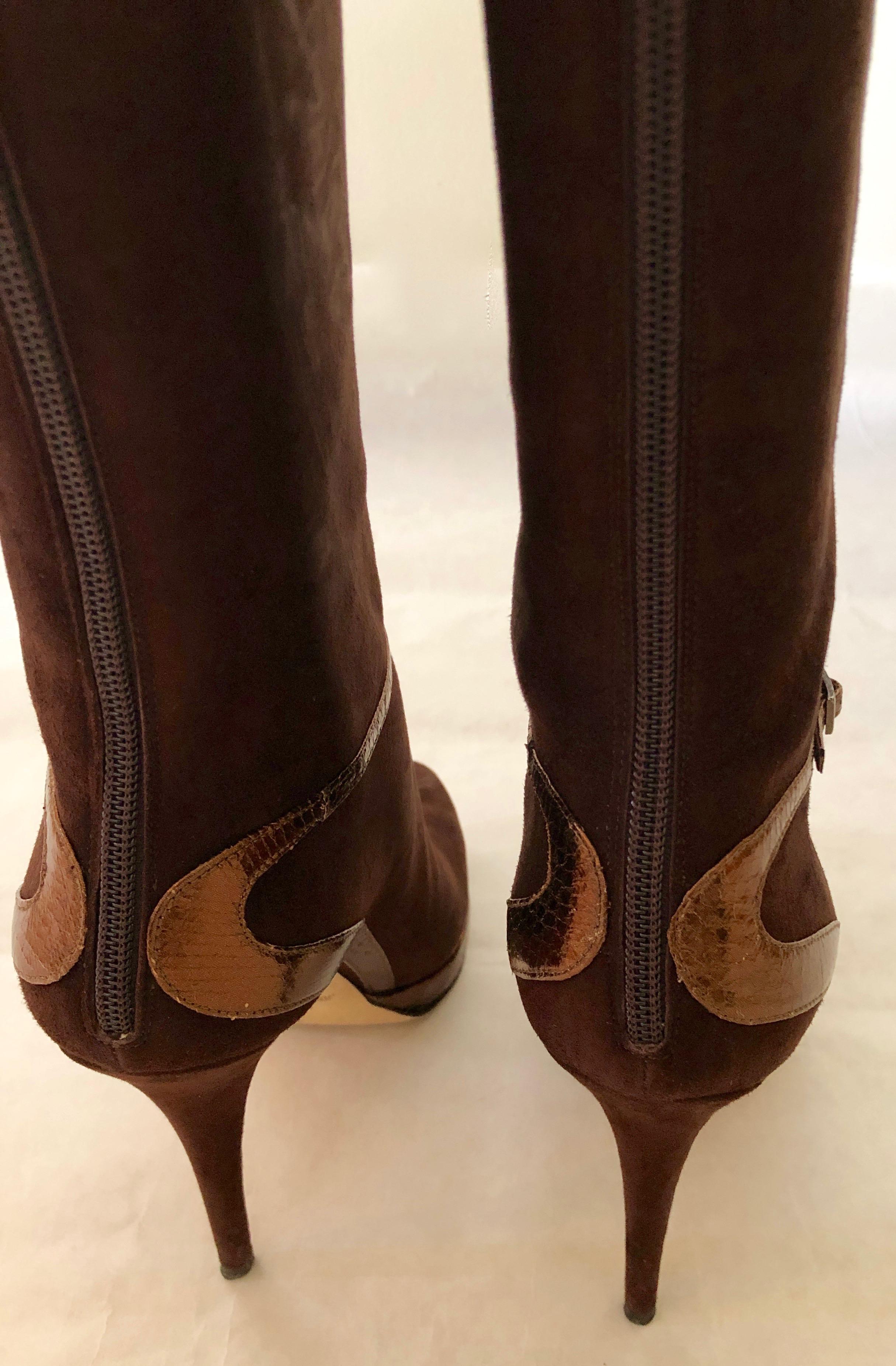 Jimmy Choo Chocolate Brown Suede Back Zip w/ Copper Snake Accents Knee Boots For Sale 5