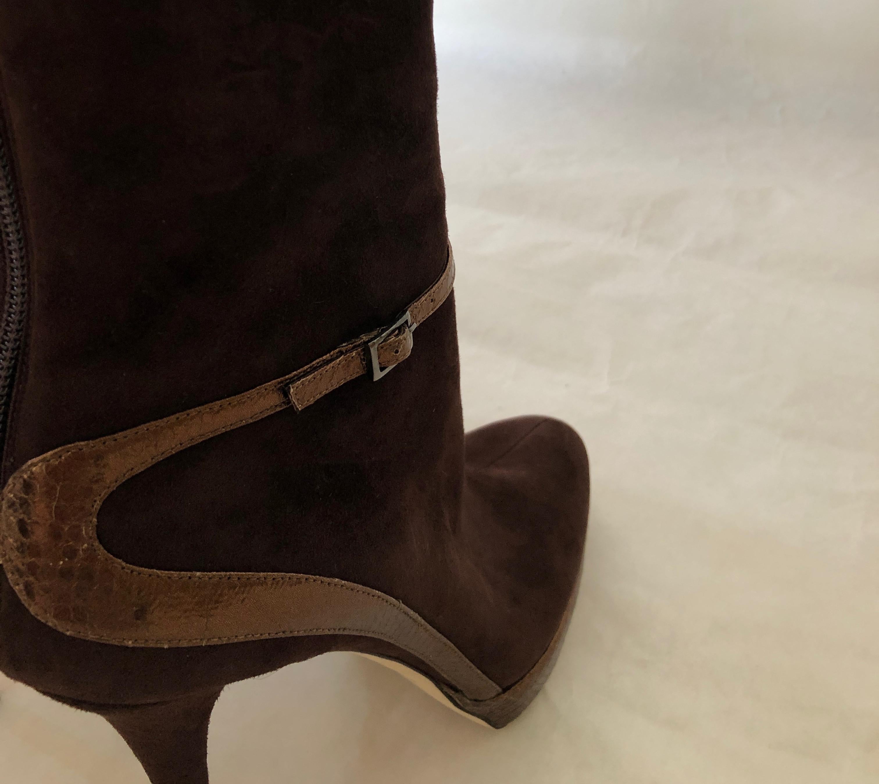 Jimmy Choo Chocolate Brown Suede Back Zip w/ Copper Snake Accents Knee Boots For Sale 7