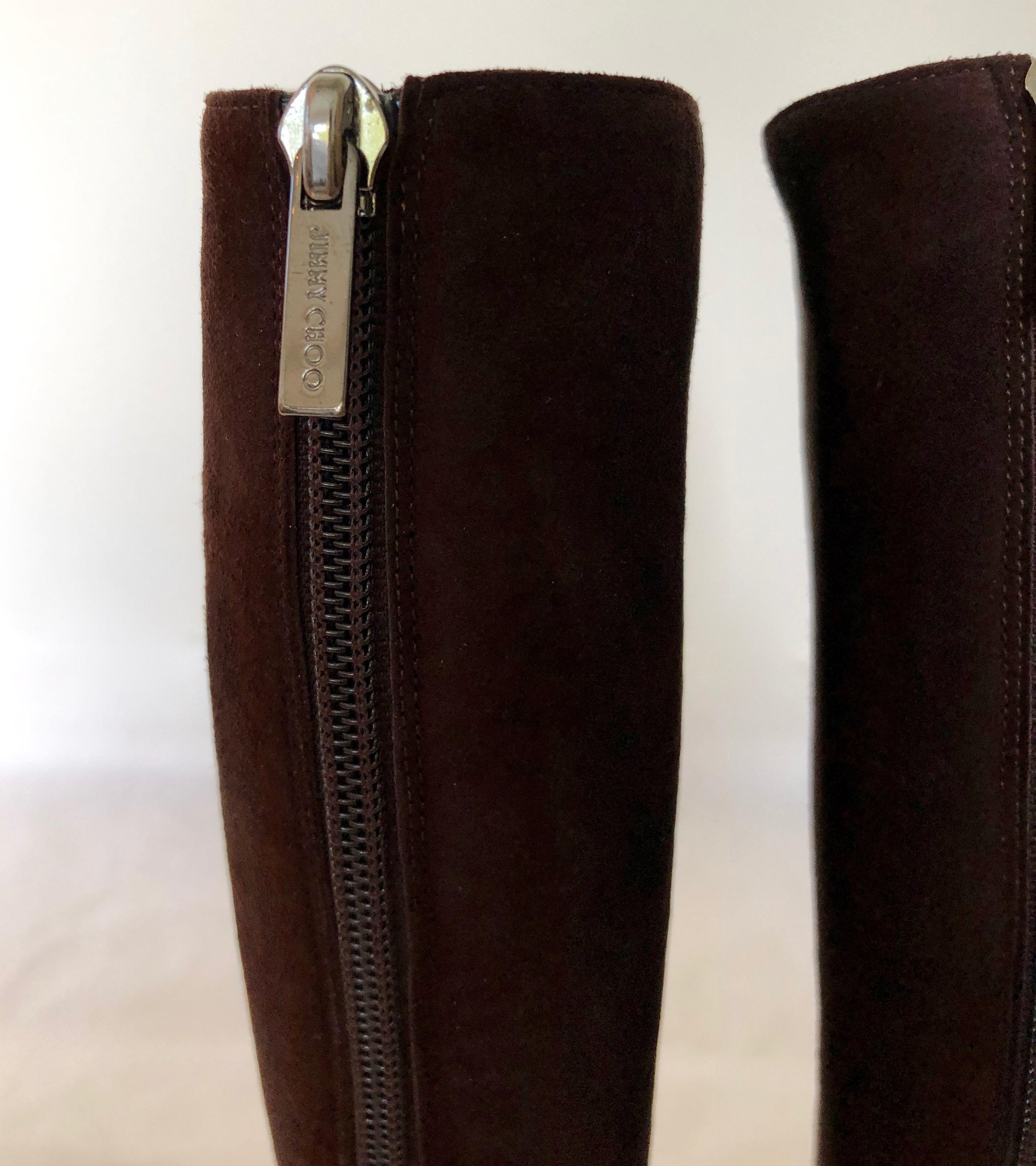 Jimmy Choo Chocolate Brown Suede Back Zip w/ Copper Snake Accents Knee Boots For Sale 8