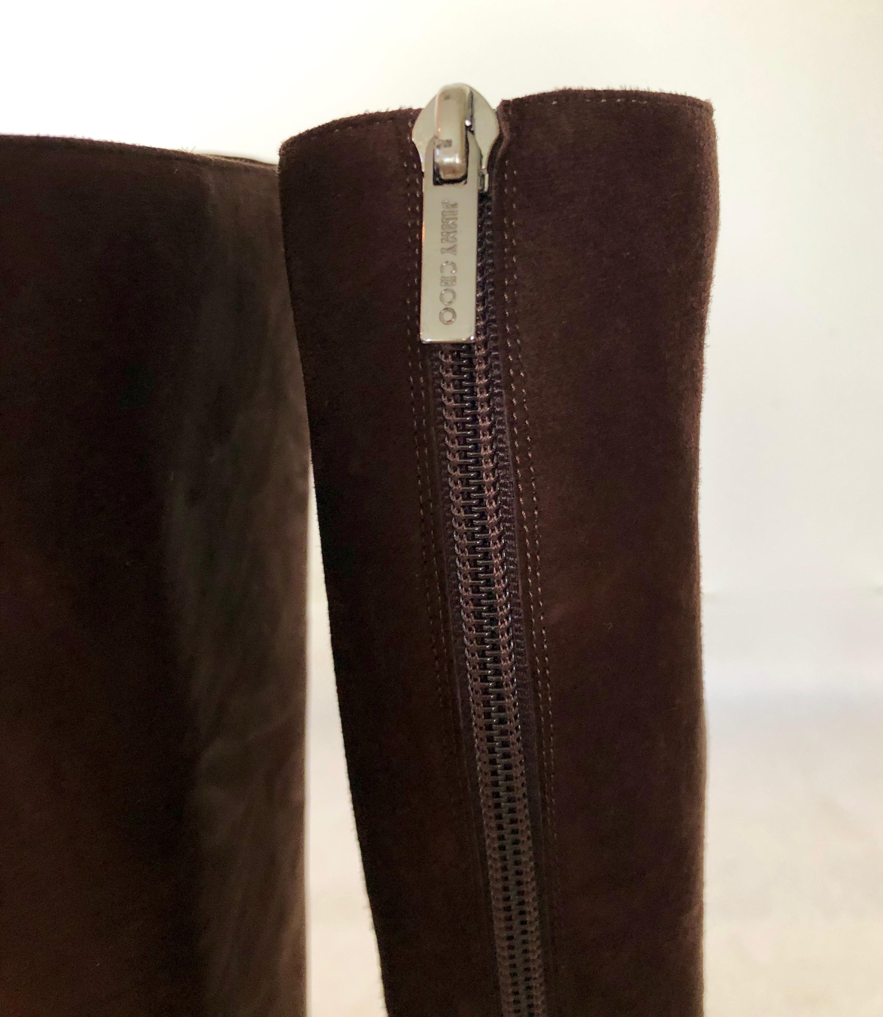 Jimmy Choo Chocolate Brown Suede Back Zip w/ Copper Snake Accents Knee Boots For Sale 9