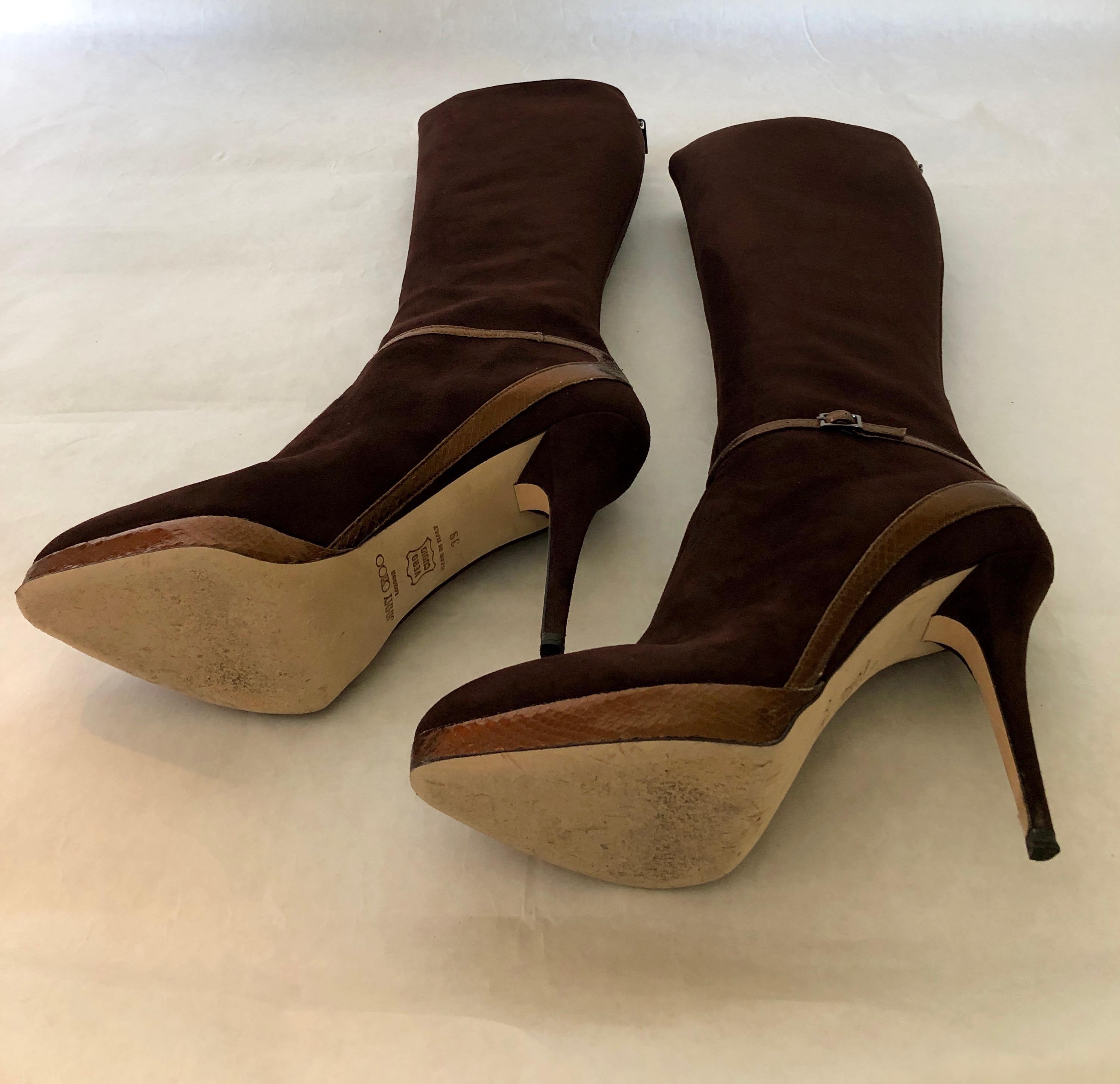 Jimmy Choo Chocolate Brown Suede Back Zip w/ Copper Snake Accents Knee Boots For Sale 11
