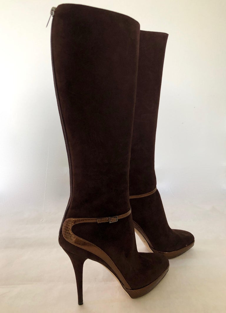 Jimmy Choo Chocolate Brown Suede Back Zip w/ Copper Snake Accents Knee ...
