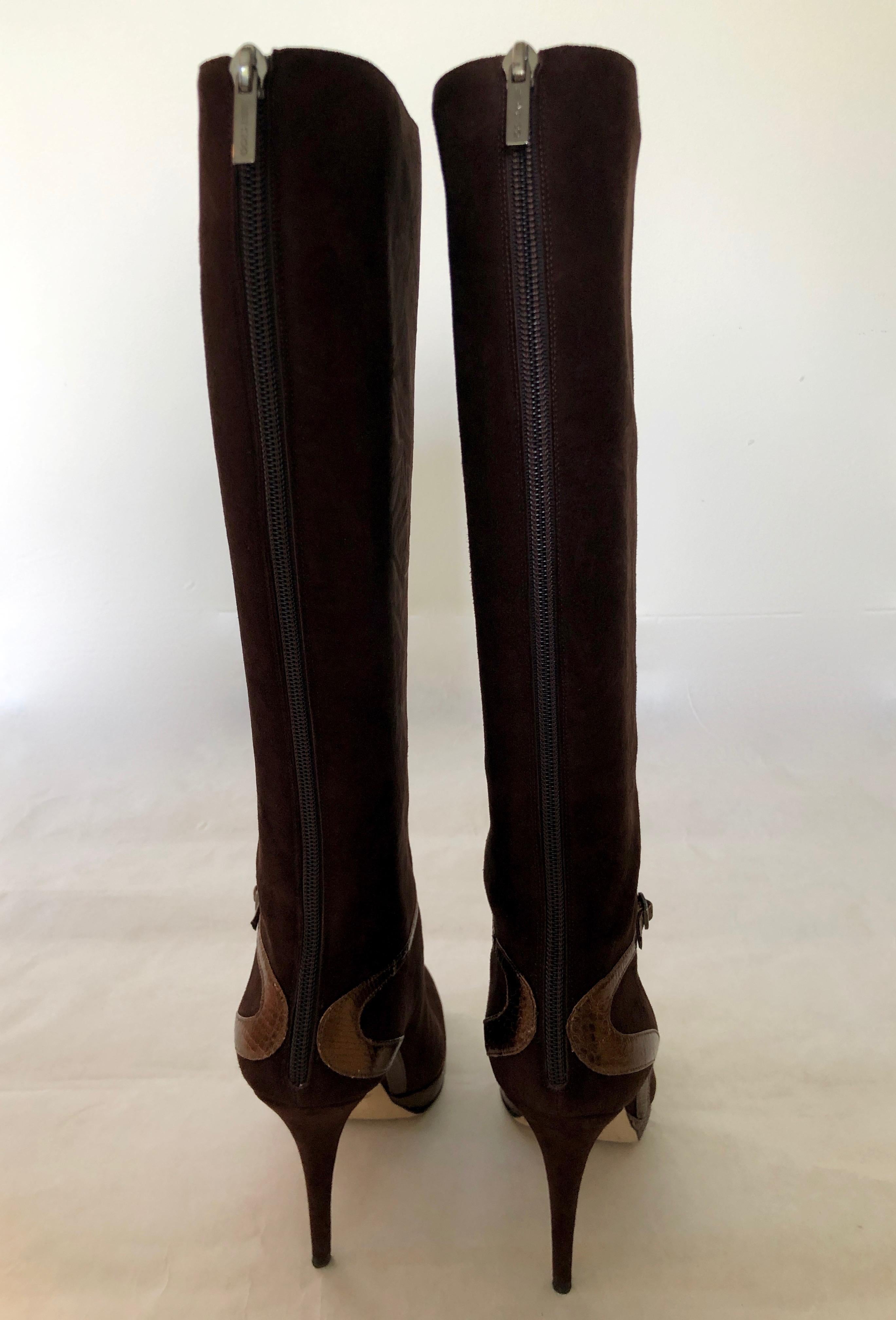 Black Jimmy Choo Chocolate Brown Suede Back Zip w/ Copper Snake Accents Knee Boots For Sale