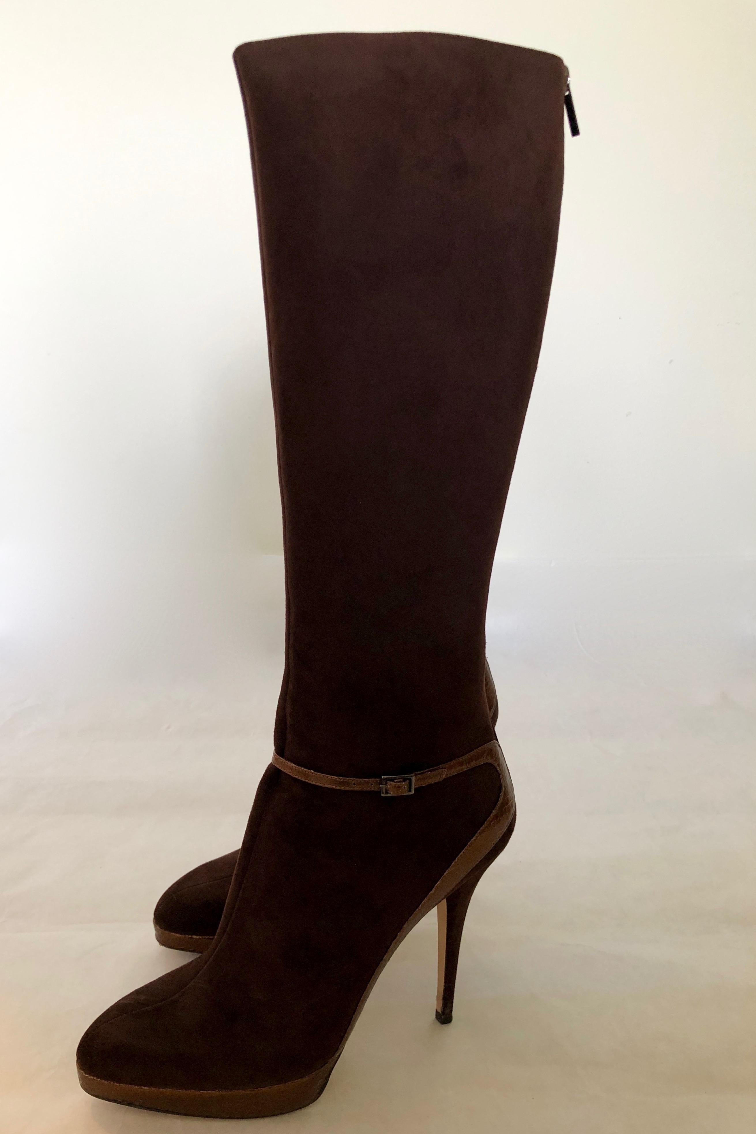 Jimmy Choo Chocolate Brown Suede Back Zip w/ Copper Snake Accents Knee Boots In Excellent Condition For Sale In Houston, TX