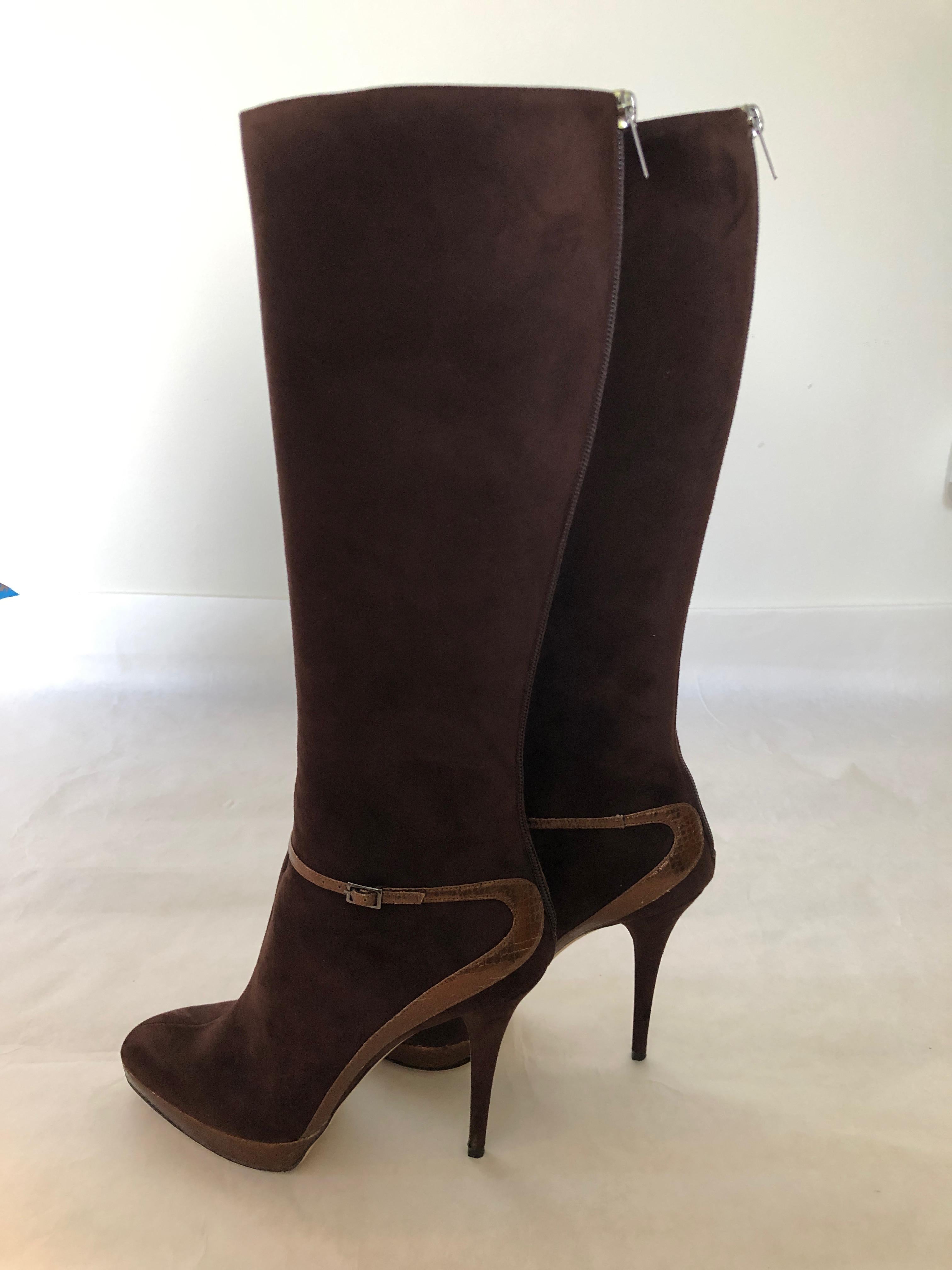 Women's Jimmy Choo Chocolate Brown Suede Back Zip w/ Copper Snake Accents Knee Boots For Sale