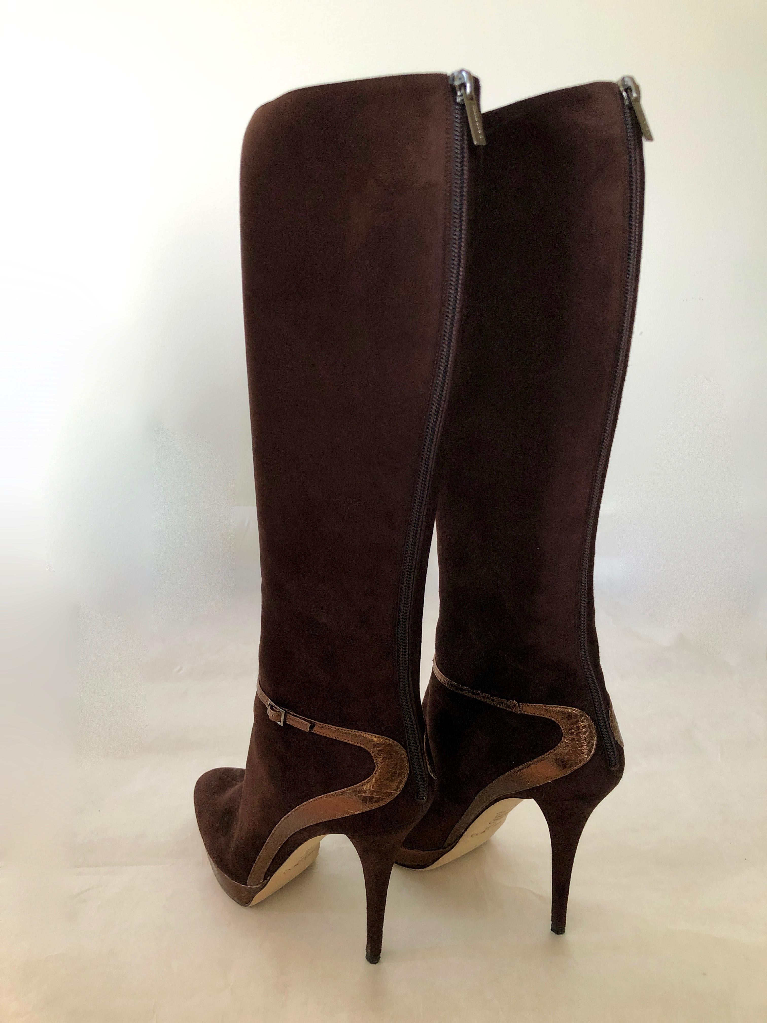 Jimmy Choo Chocolate Brown Suede Back Zip w/ Copper Snake Accents Knee Boots For Sale 1