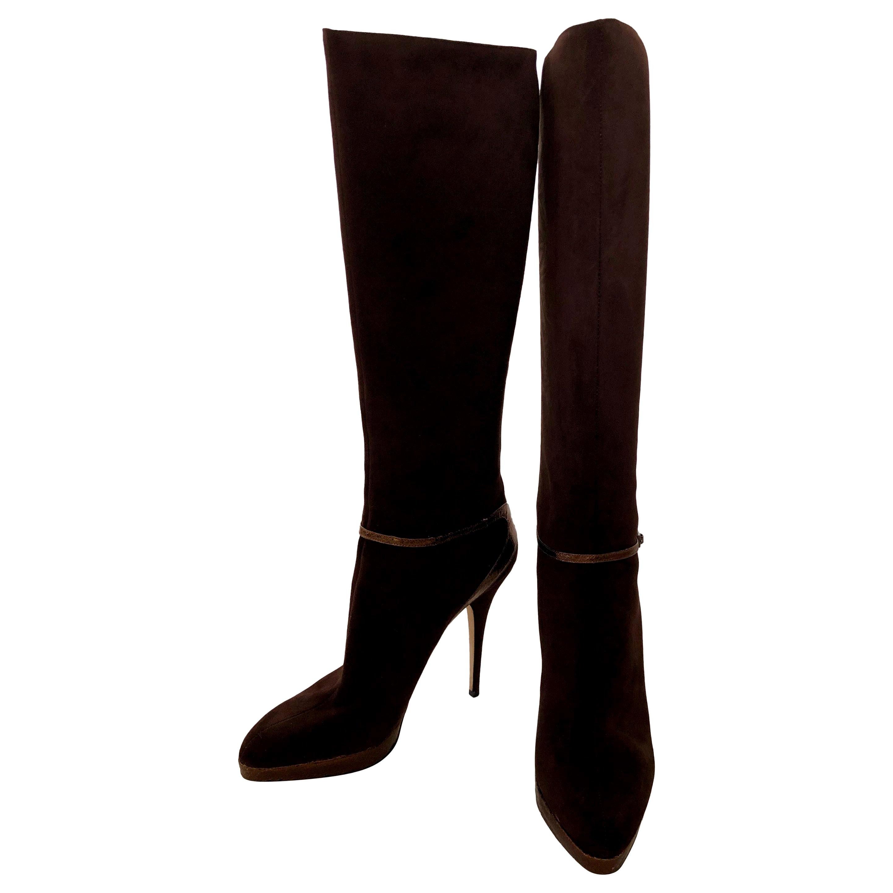 Jimmy Choo Chocolate Brown Suede Back Zip w/ Copper Snake Accents Knee Boots For Sale