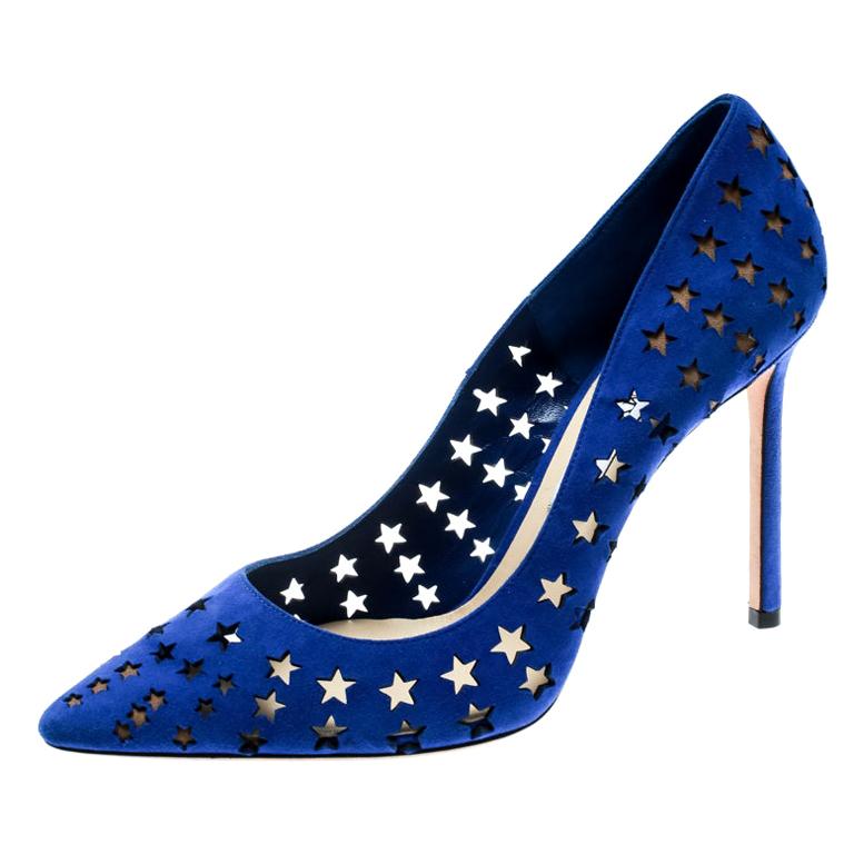 Jimmy Choo Cobalt Blue Romy Perforated Stars Pointed Toe Pumps Size 40 ...