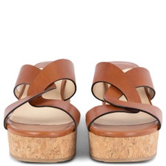 JIMMY CHOO cognac leather & cork ATIA 75 Wedge Sandals Shoes 40