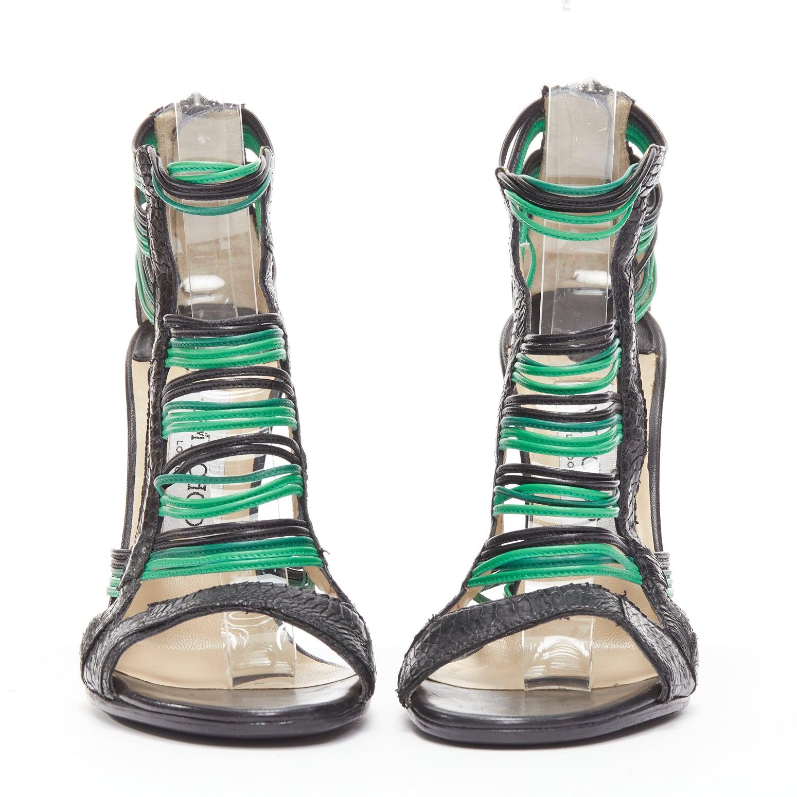 JIMMY CHOO Corsica black green striped wire leather caged heel sandal EU37.5 In Good Condition For Sale In Hong Kong, NT
