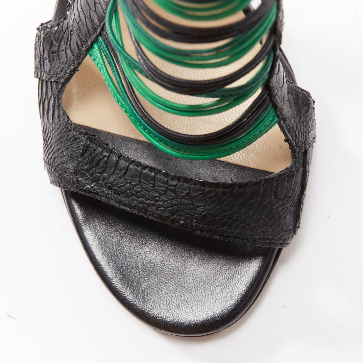 JIMMY CHOO Corsica black green striped wire leather caged heel sandal EU37.5 For Sale 2