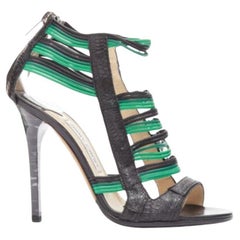 JIMMY CHOO Corsica black green striped wire leather caged heel sandal EU37.5