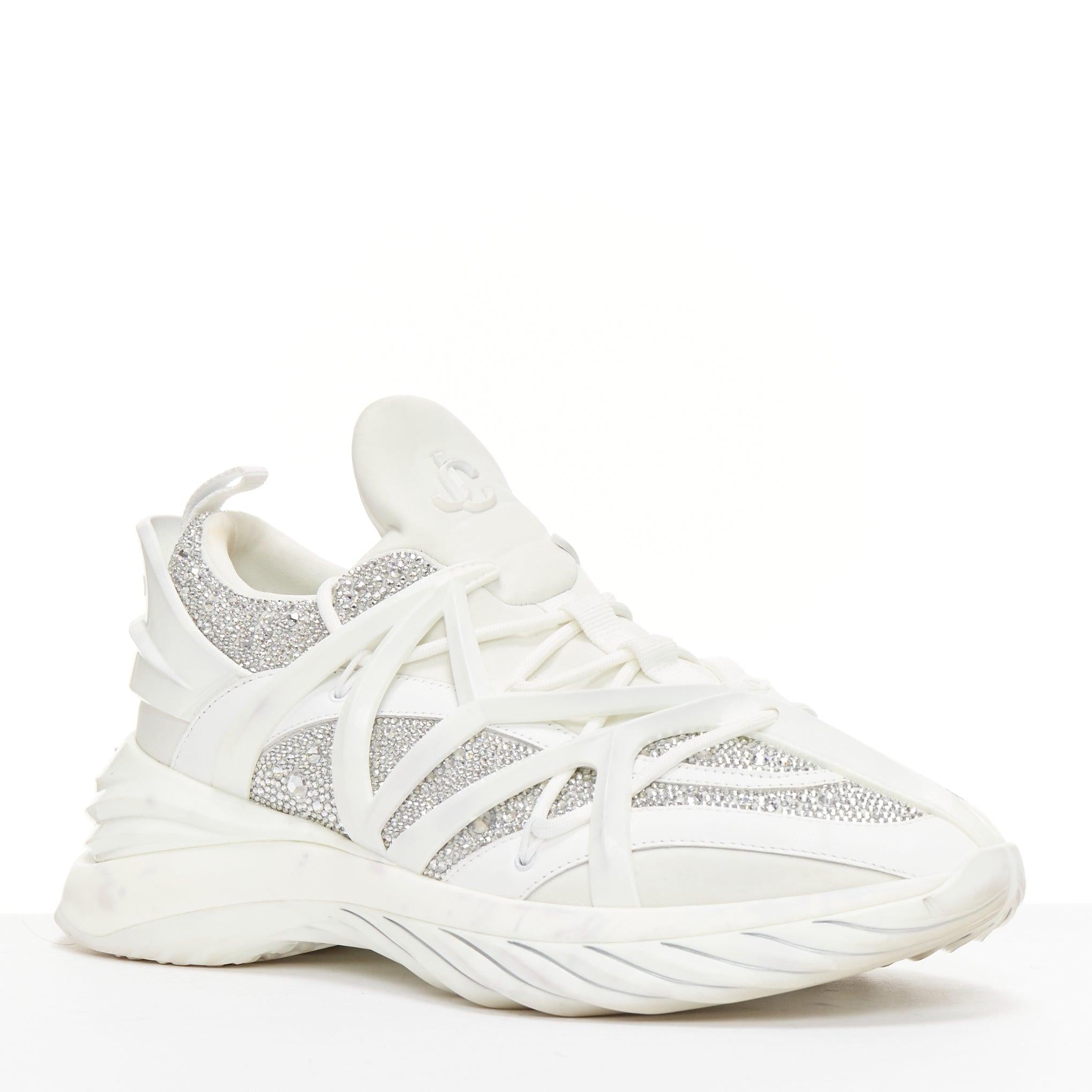 JIMMY CHOO Cosmos white leather rubber JC logo crystal dad sneakers EU39A
Reference: AAWC/A00950
Brand: Jimmy Choo
Model: Cosmos
Material: Leather, Rubber
Color: White, Silver
Pattern: Crystals
Closure: Lace Up
Lining: White Fabric
Extra Details: