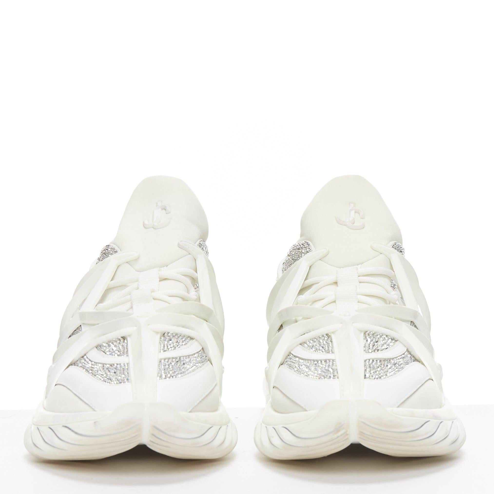 Gray JIMMY CHOO Cosmos white leather rubber JC logo crystal dad sneakers EU39A For Sale
