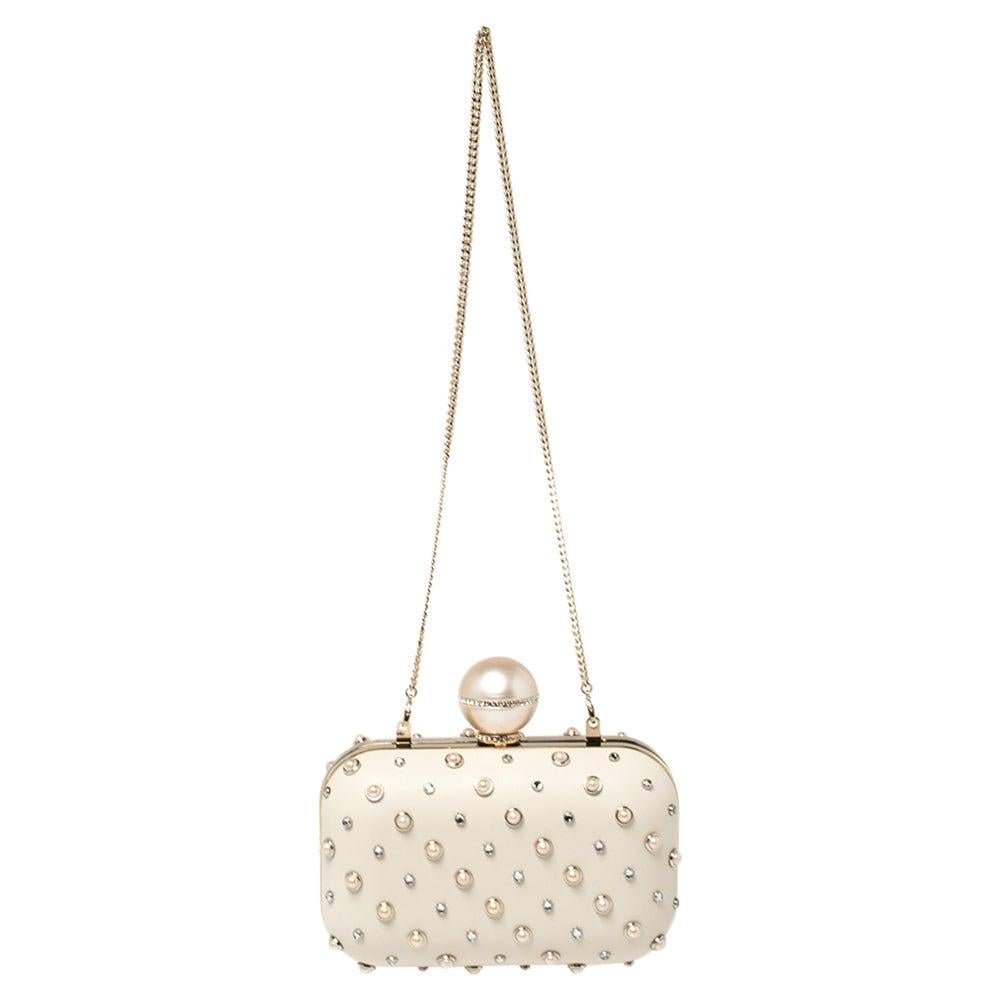 Jimmy Choo Cream Leather Pearl Mix Ball Clasp Cloud Clutch