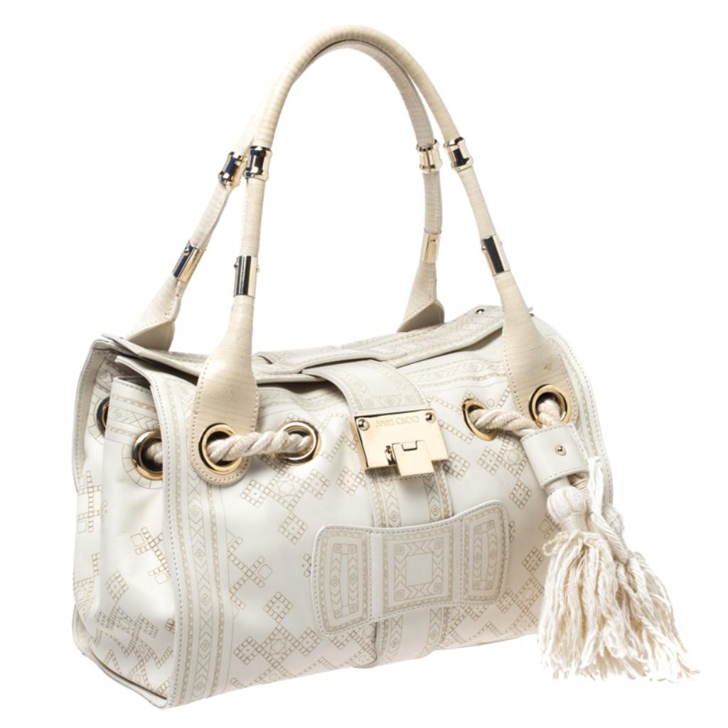 Jimmy Choo Cream Leather Rosa Tassel Satchel In Good Condition In Dubai, Al Qouz 2