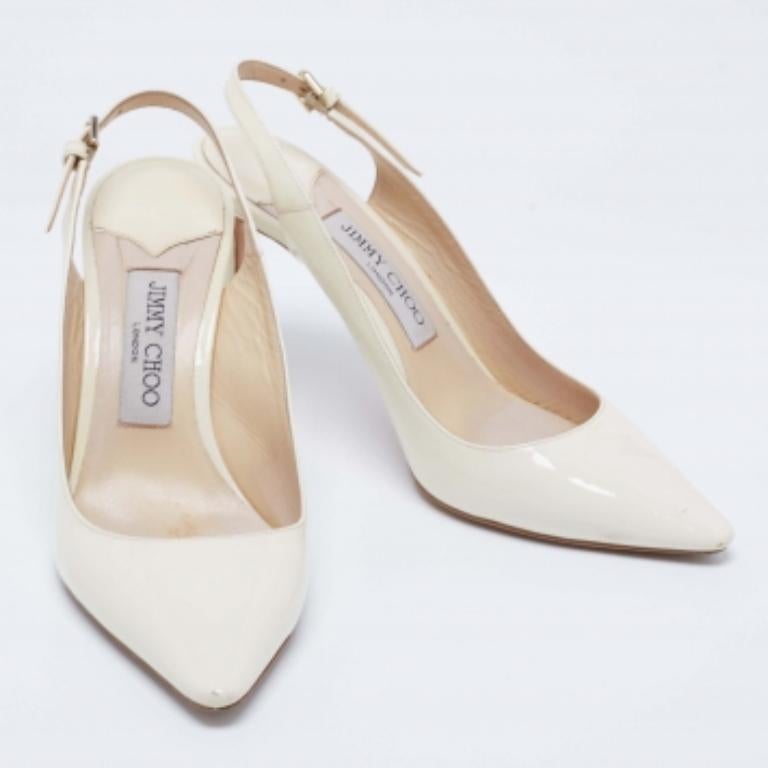Jimmy Choo Cream Patent Leather Buckle Slingback Sandals Size 37 For Sale 2