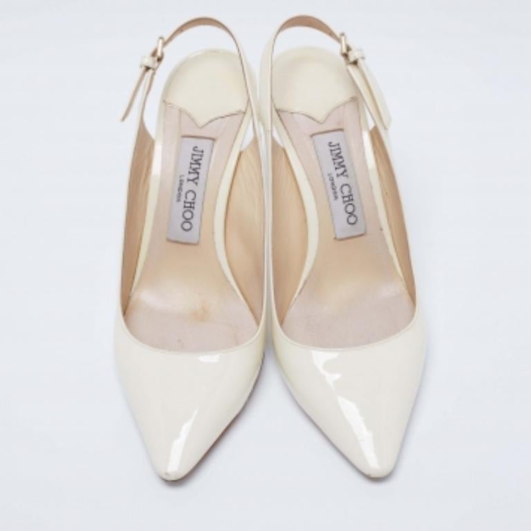 Jimmy Choo Cream Patent Leather Buckle Slingback Sandals Size 37 For Sale 3