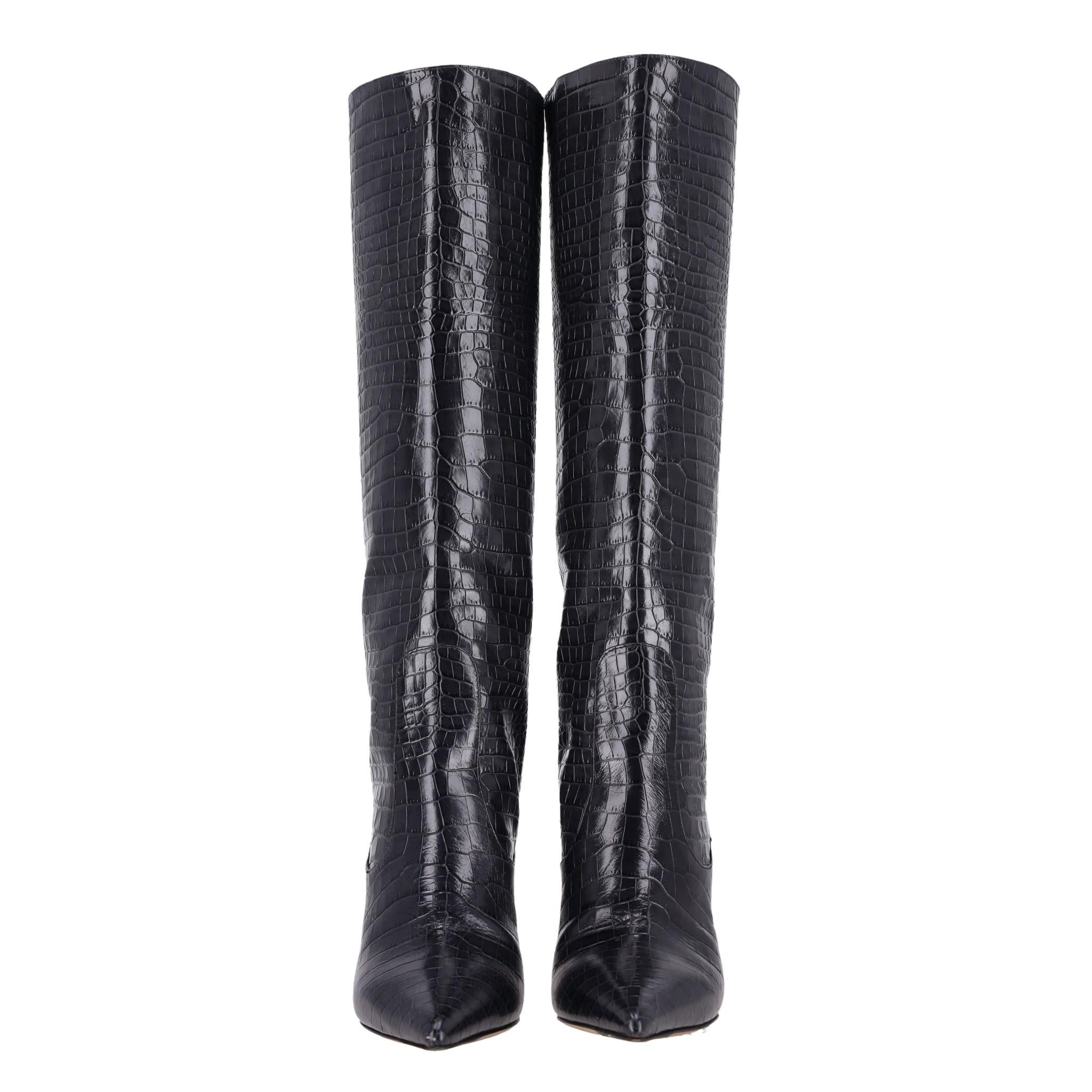 Black Jimmy Choo Croc-Embossed Leather Knee-High Boots For Sale