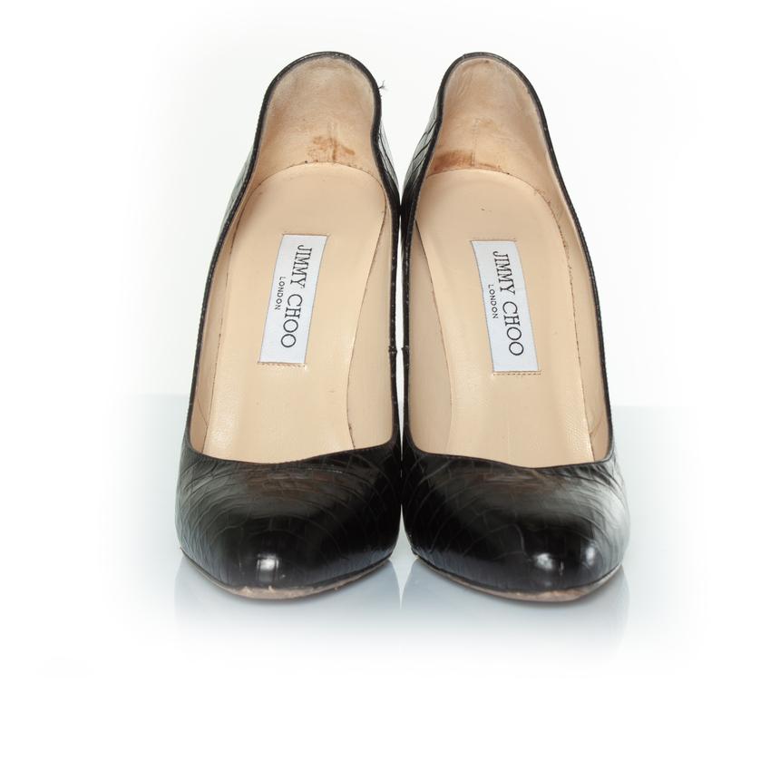 Jimmy Choo, Croco printed heels in black In Excellent Condition For Sale In AMSTERDAM, NL
