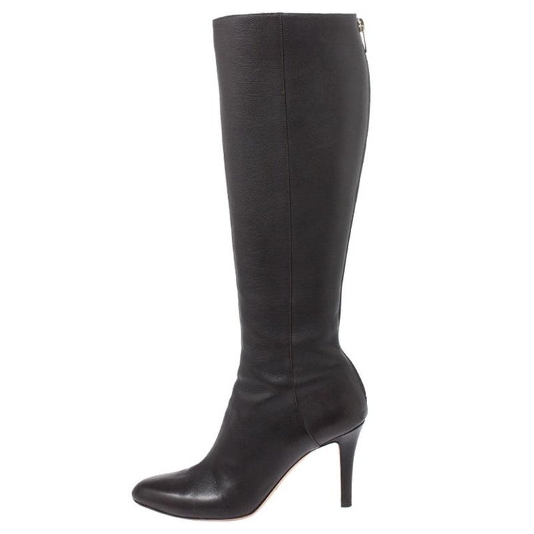 Jimmy Choo Dark Brown Leather Knee Boots Size 37.5 For Sale at 1stDibs
