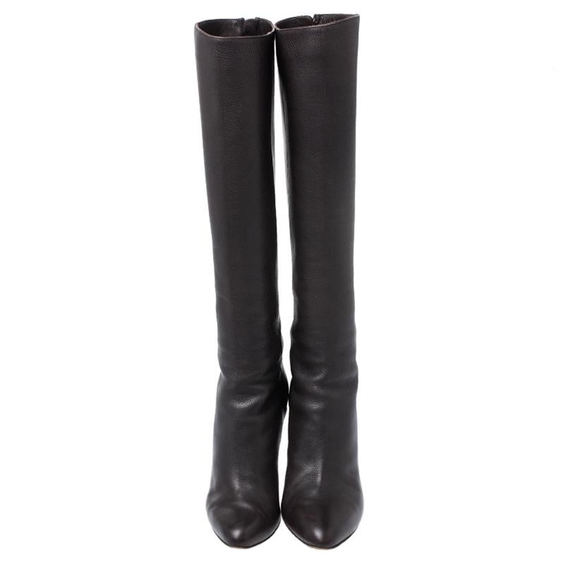 Black Jimmy Choo Dark Brown Leather Knee Boots Size 37.5 For Sale